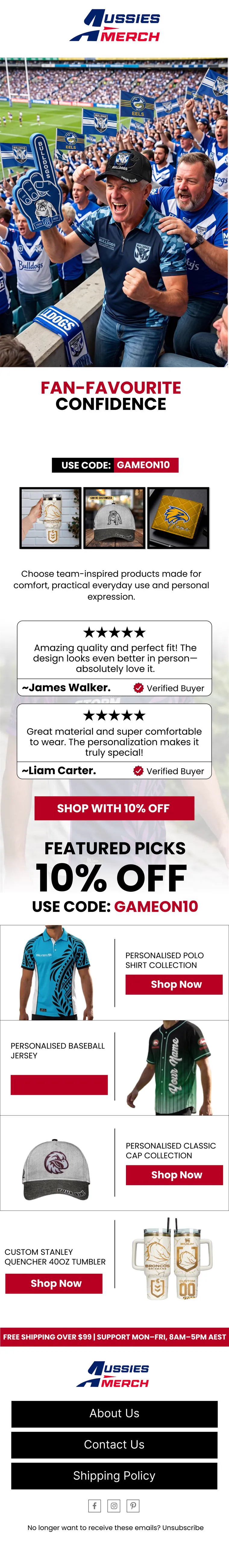 Aussies Merch promotional email design